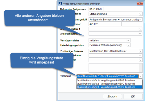 Statusänderung für Änderung der Vergütunggstufe