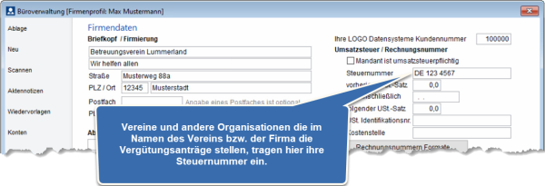 Büroverwaltung - Steuernummer für Vereine wird hier gesetzt